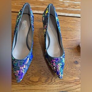 Charles David Multicolor Sequin Pointed pumps plaid fuchsia Pink Accent prom new